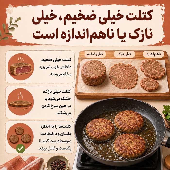 ۹. کتلت خیلی ضخیم، خیلی نازک یا ناهم‌اندازه است