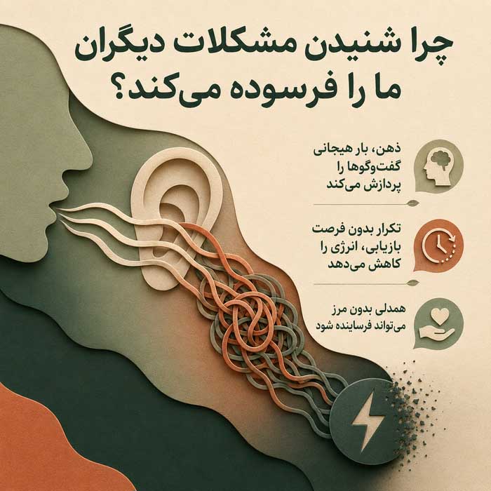 خستگی همدلی چیست؟؛ نشانههای فرسودگی عاطفی از کمک به دیگران؛ راههای مرزبندی و بازیابی انرژی چرا شنیدن مشکلات دیگران ما را فرسوده میکند؟