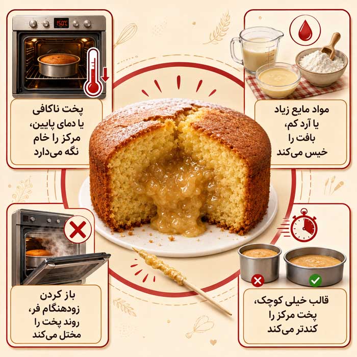 چرا وسط کیک خمیر و چسبناک می‌شود؟
