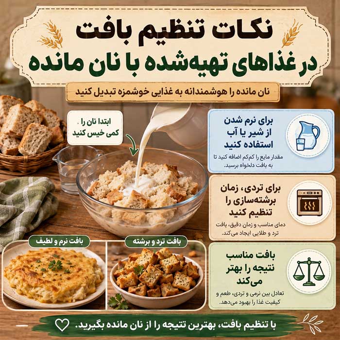 با نان بیات چه غذایی درست کنیم؟؛ ایدههای شیرین و شور؛ استفاده از نان اضافه بدون دورریز نکات تنظیم بافت در غذاهای تهیهشده با نان مانده