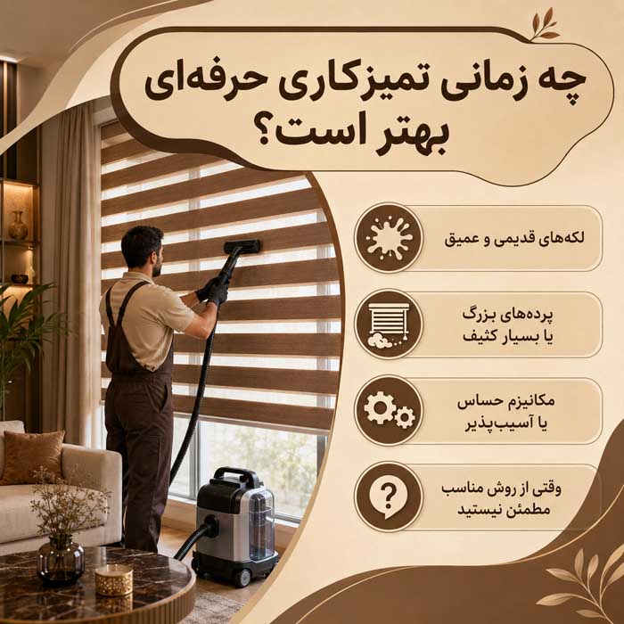 تمیز کردن پرده زبرا؛ گردگیری و لکهگیری اصولی؛ جلوگیری از آسیب به پارچه و مکانیزم چه زمانی تمیزکاری حرفهای بهتر است؟