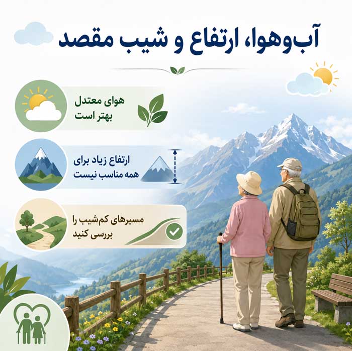 سفر با سالمندان؛ انتخاب مقصد و اقامتگاه مناسب؛ برنامهریزی مسیر و فعالیتهای کمفشار آبوهوا، ارتفاع و شیب مقصد