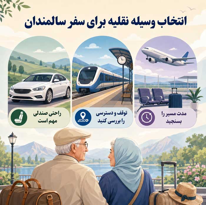 سفر با سالمندان؛ انتخاب مقصد و اقامتگاه مناسب؛ برنامهریزی مسیر و فعالیتهای کمفشار انتخاب وسیله نقلیه برای سفر سالمندان