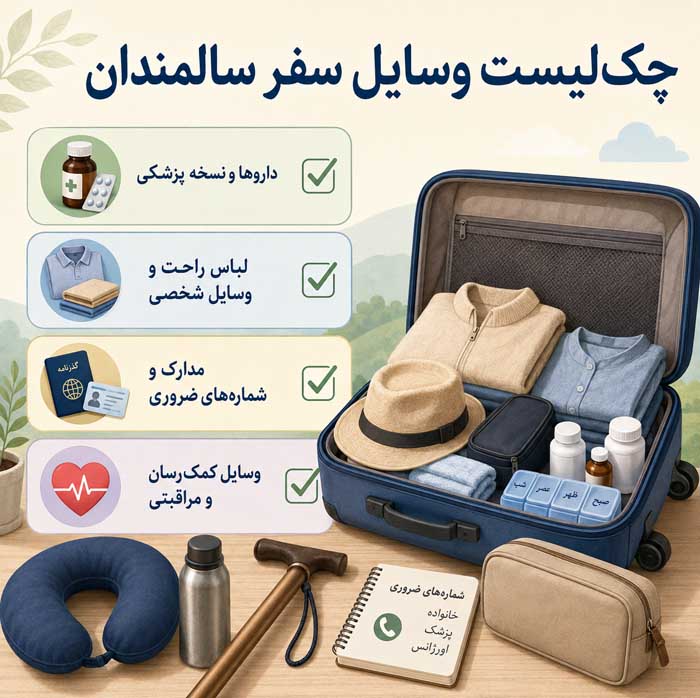 سفر با سالمندان؛ انتخاب مقصد و اقامتگاه مناسب؛ برنامهریزی مسیر و فعالیتهای کمفشار چکلیست وسایل سفر سالمندان