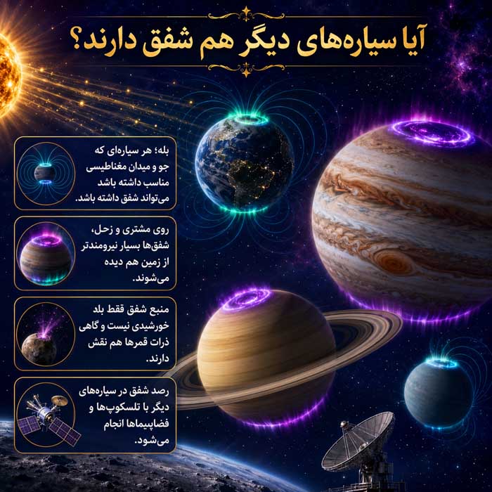 شفق قطبی چگونه ایجاد میشود؟ دلیل رنگهای سبز، قرمز و بنفش آسمان آیا سیارههای دیگر هم شفق دارند؟