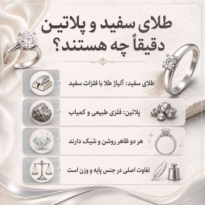 طلای سفید یا پلاتین؟؛ مقایسه قیمت، رنگ و دوام؛ کدام برای خرید جواهر مناسبتر است؟ طلای سفید و پلاتین دقیقاً چه هستند؟