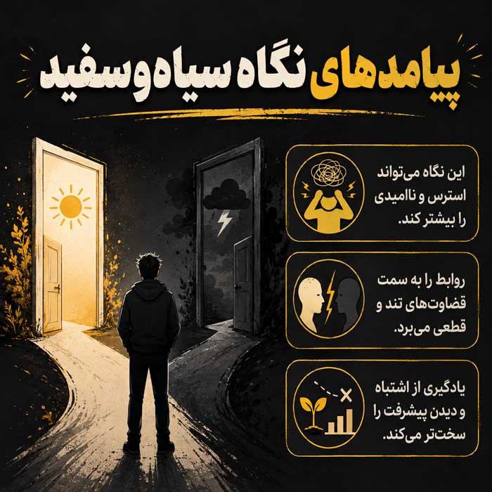 تفکر همه یا هیچ چیست؟ نشانههای نگاه صفر و صدی و ۹ روش اصلاح آن پیامدهای نگاه سیاهوسفید
