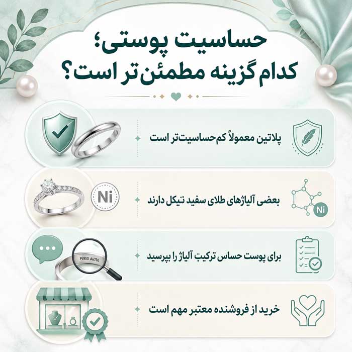 طلای سفید یا پلاتین؟؛ مقایسه قیمت، رنگ و دوام؛ کدام برای خرید جواهر مناسبتر است؟ حساسیت پوستی؛ کدام گزینه مطمئنتر است؟