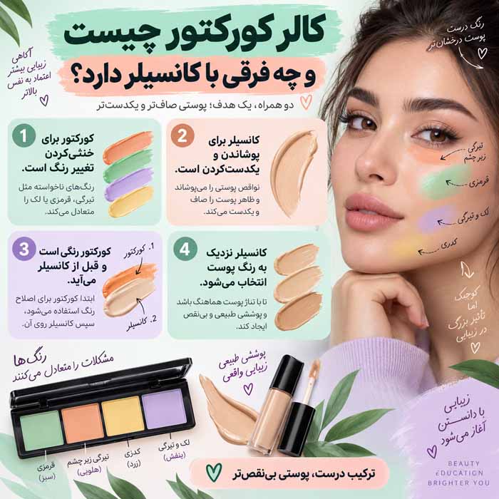 کالر کورکتور چیست؟ راهنمای انتخاب رنگ سبز، هلویی و بنفش برای اصلاح رنگ پوست کالر کورکتور چیست و چه فرقی با کانسیلر دارد؟