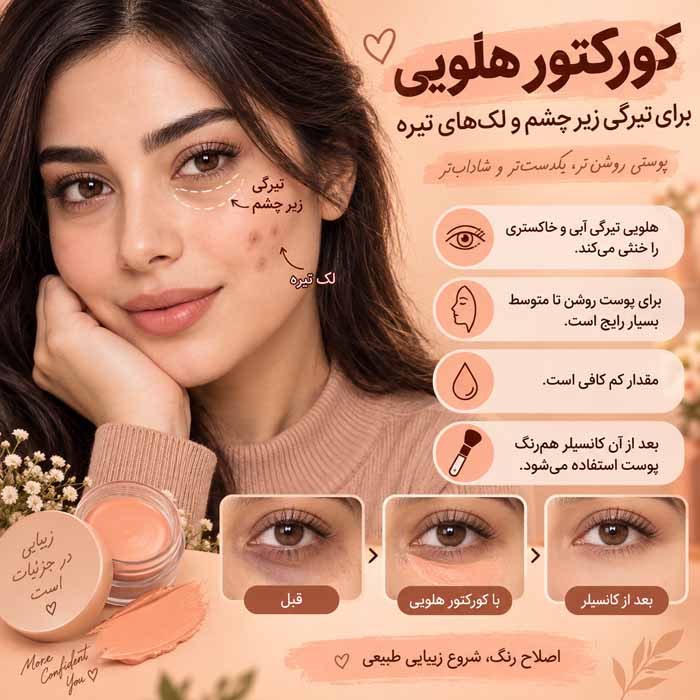 کالر کورکتور چیست؟ راهنمای انتخاب رنگ سبز، هلویی و بنفش برای اصلاح رنگ پوست کورکتور هلویی برای تیرگی زیر چشم و لکهای تیره