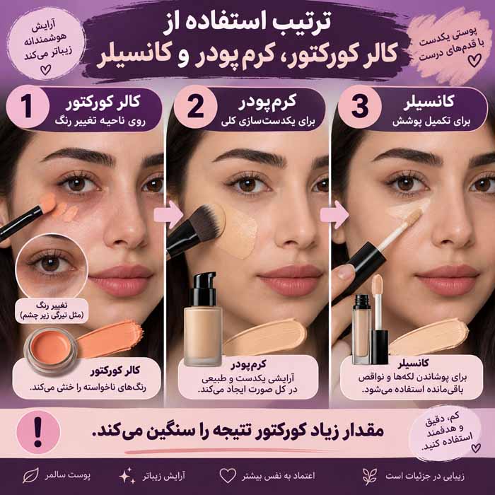 کالر کورکتور چیست؟ راهنمای انتخاب رنگ سبز، هلویی و بنفش برای اصلاح رنگ پوست ترتیب استفاده از کالر کورکتور، کرمپودر و کانسیلر