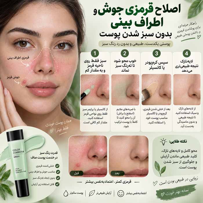 کالر کورکتور چیست؟ راهنمای انتخاب رنگ سبز، هلویی و بنفش برای اصلاح رنگ پوست اصلاح قرمزی جوش و اطراف بینی بدون سبز شدن پوست