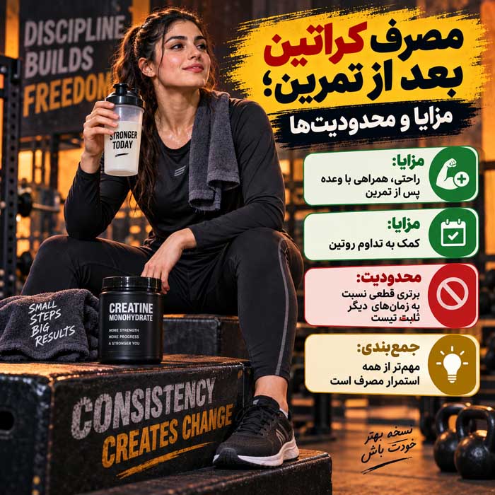 بهترین زمان مصرف کراتین برای بانوان؛ قبل یا بعد از تمرین و کدام زمان مؤثرتر است؟ مصرف کراتین بعد از تمرین؛ مزایا و محدودیتها