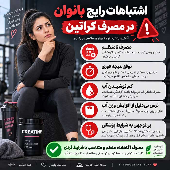 بهترین زمان مصرف کراتین برای بانوان؛ قبل یا بعد از تمرین و کدام زمان مؤثرتر است؟ اشتباهات رایج بانوان در مصرف کراتین