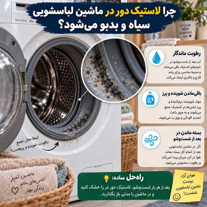 تمیز کردن لاستیک ماشین لباسشویی؛ رفع کپک و بوی بد؛ روش ایمن شستوشوی واشر دور در چرا لاستیک دور در ماشین لباسشویی سیاه و بدبو میشود؟