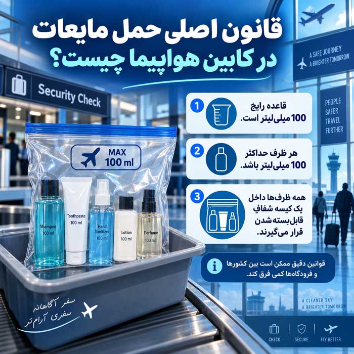مایعات داخل کابین هواپیما؛ محدودیت ۱۰۰ میلیلیتر و بار دستی؛ استثناهای دارو، غذای کودک و Duty Free قانون اصلی حمل مایعات در کابین هواپیما چیست؟