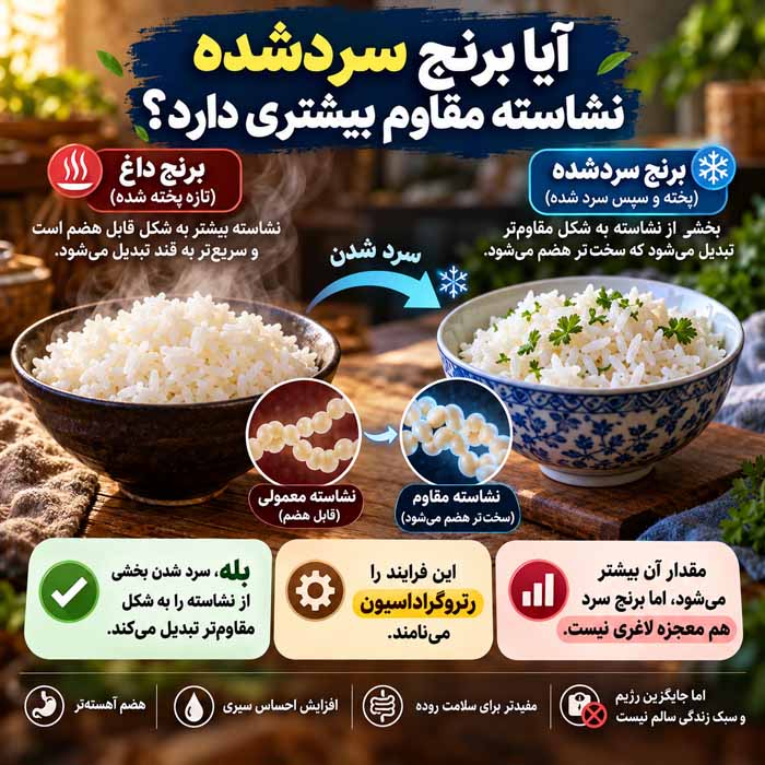 نشاسته مقاوم چیست؟؛ تفاوت با نشاسته معمولی؛ منابع غذایی و نقش آن در سلامت روده آیا برنج سردشده نشاسته مقاوم بیشتری دارد؟