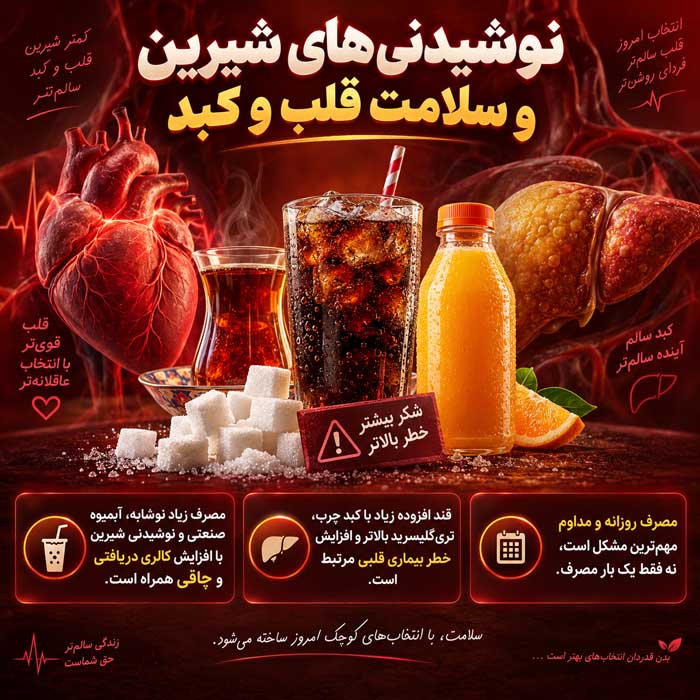 تاثیر نوشیدنیها بر سلامت افراد؛ کدام نوشیدنی مفید است و کدام باید محدود شود؟ نوشیدنیهای شیرین و سلامت قلب و کبد