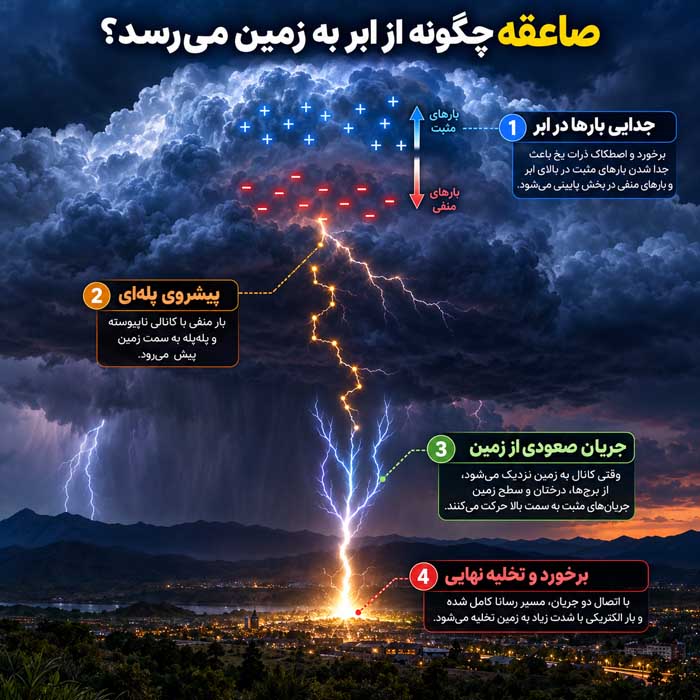 صاعقه چگونه تشکیل میشود؟؛ تخلیه الکتریکی در ابرها؛ چرا صدای رعد دیرتر از برق میرسد؟ صاعقه چگونه از ابر به زمین میرسد؟