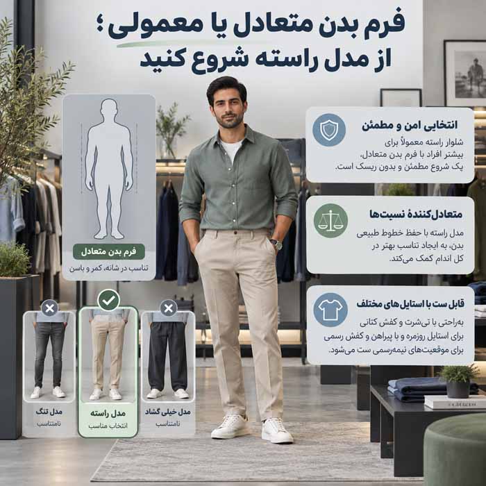 راهنمای انتخاب شلوار مردانه بر اساس فرم بدن؛ فاق، عرض ران و برش مناسب؛ راسته، تَیپرد یا ریلکس فرم بدن متعادل یا معمولی؛ از مدل راسته شروع کنید
