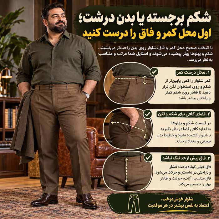 راهنمای انتخاب شلوار مردانه بر اساس فرم بدن؛ فاق، عرض ران و برش مناسب؛ راسته، تَیپرد یا ریلکس شکم برجسته یا بدن درشت؛ اول محل کمر و فاق را درست کنید