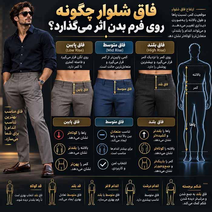 راهنمای انتخاب شلوار مردانه بر اساس فرم بدن؛ فاق، عرض ران و برش مناسب؛ راسته، تَیپرد یا ریلکس فاق شلوار چگونه روی فرم بدن اثر میگذارد؟