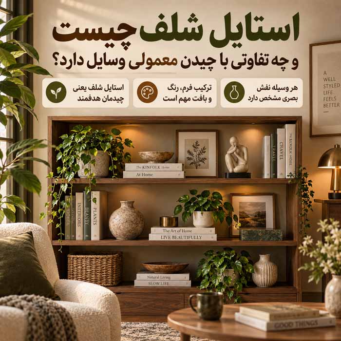 استایل شلف چیست؟ راهنمای تزیین قفسه و کتابخانه شیک بدون شلوغی استایل شلف چیست و چه تفاوتی با چیدن معمولی وسایل دارد؟