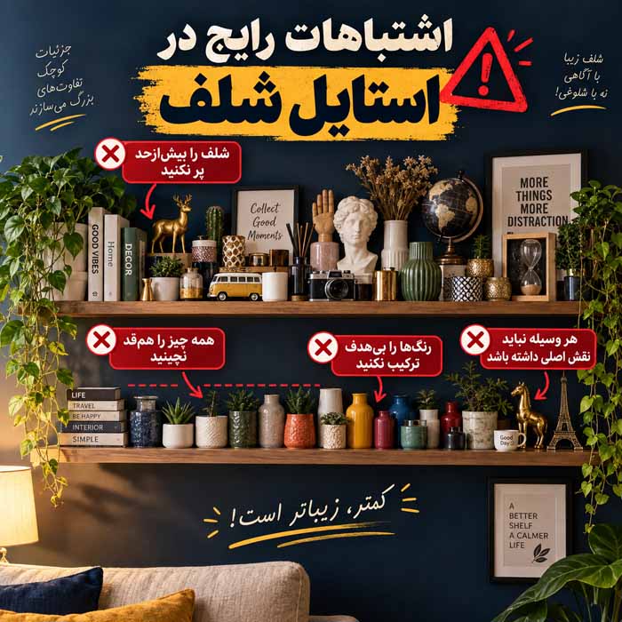 استایل شلف چیست؟ راهنمای تزیین قفسه و کتابخانه شیک بدون شلوغی اشتباهات رایج در استایل شلف