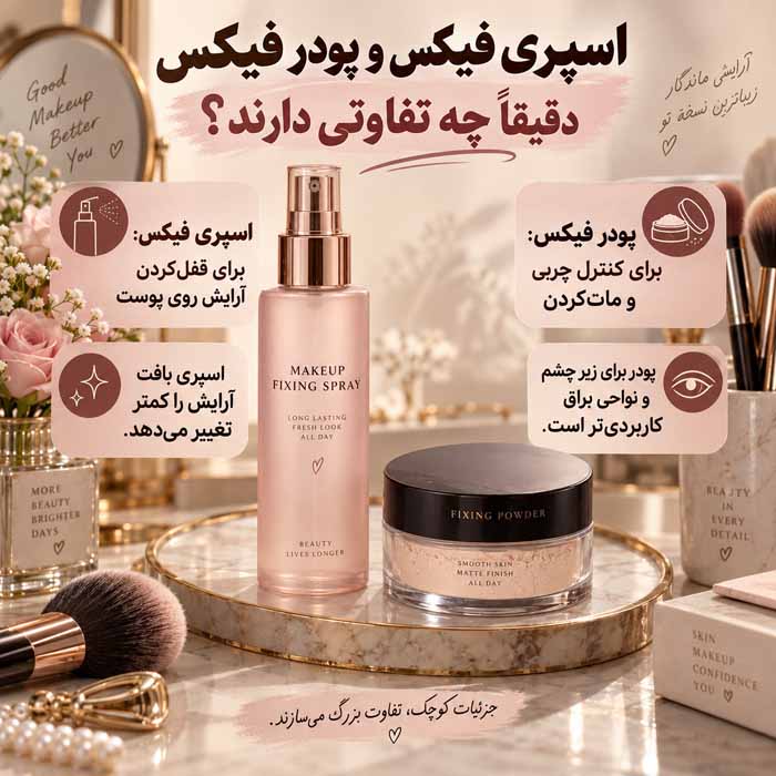 اسپری فیکس بهتر است یا پودر فیکس؟ تفاوت کاربرد، ماندگاری و انتخاب برای انواع پوست اسپری فیکس و پودر فیکس دقیقاً چه تفاوتی دارند؟
