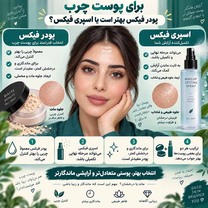 اسپری فیکس بهتر است یا پودر فیکس؟ تفاوت کاربرد، ماندگاری و انتخاب برای انواع پوست برای پوست چرب پودر فیکس بهتر است یا اسپری فیکس؟