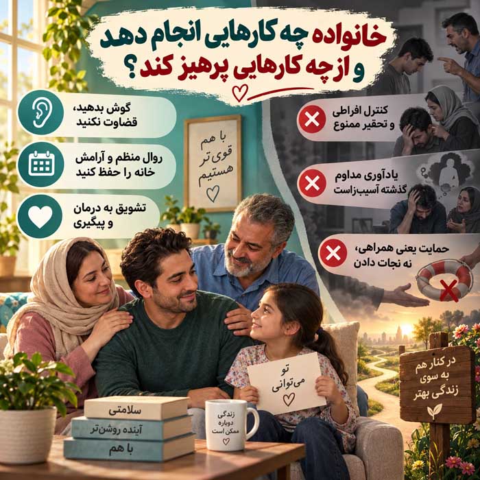 مراقبت های بعد از ترک اعتیاد؛ ادامه درمان و مدیریت وسوسه؛ راههای کاهش خطر عود خانواده چه کارهایی انجام دهد و از چه کارهایی پرهیز کند؟