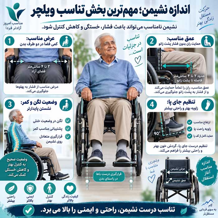 بهترین ویلچر برای سالمندان؛ اندازه و نوع حرکت؛ راحتی، ایمنی و استفاده روزانه اندازه نشیمن؛ مهمترین بخش تناسب ویلچر