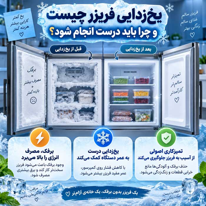 یخزدایی فریزر؛ روش ایمن آب کردن برفک؛ چگونه بدون آسیب به دیواره و قطعات داخلی یخ را ذوب کنیم؟ یخزدایی فریزر چیست و چرا باید درست انجام شود؟