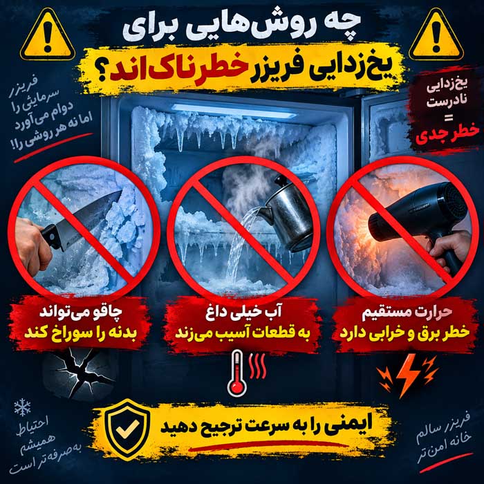 یخزدایی فریزر؛ روش ایمن آب کردن برفک؛ چگونه بدون آسیب به دیواره و قطعات داخلی یخ را ذوب کنیم؟ چه روشهایی برای یخزدایی فریزر خطرناکاند؟
