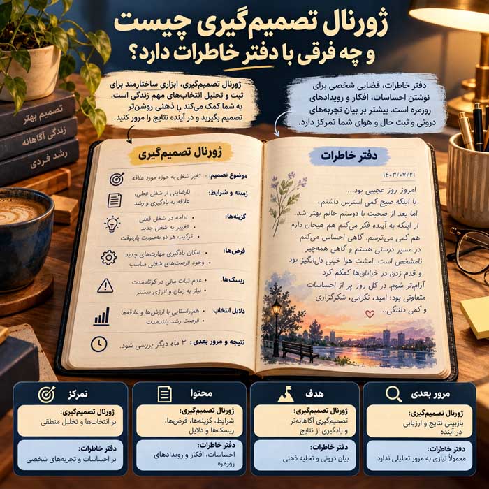 ژورنال تصمیمگیری چیست؟ روش ثبت تصمیمها برای انتخاب بهتر و بررسی اشتباهات ژورنال تصمیمگیری چیست و چه فرقی با دفتر خاطرات دارد؟