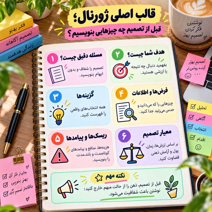 ژورنال تصمیمگیری چیست؟ روش ثبت تصمیمها برای انتخاب بهتر و بررسی اشتباهات قالب اصلی ژورنال؛ قبل از تصمیم چه چیزهایی بنویسیم؟