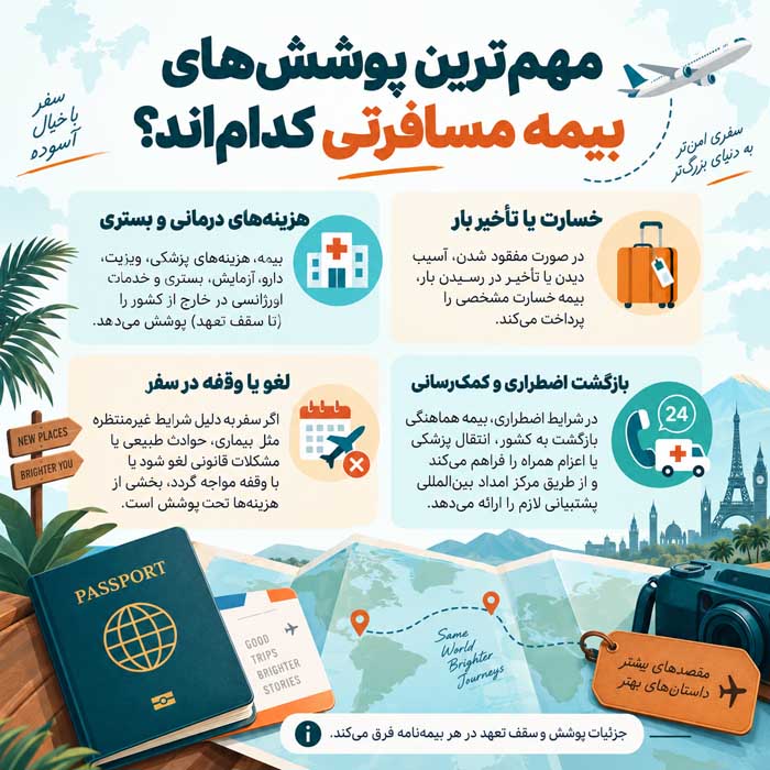 بیمه مسافرتی چیست؟؛ پوششها و استثناهای بیمهنامه؛ نکات مهم برای دریافت خسارت مهمترین پوششهای بیمه مسافرتی کداماند؟