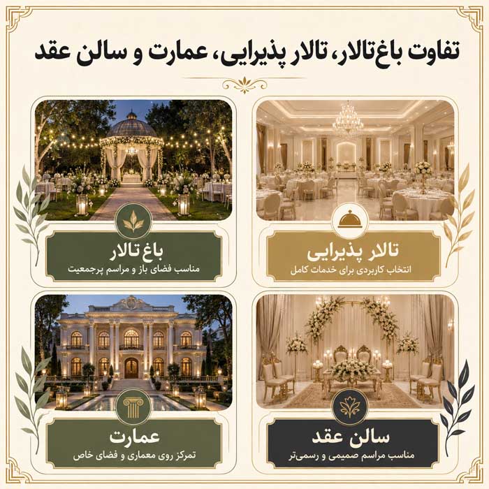 همه چیز درباره باغ و تالار در ایران؛ هزینه، امکانات، ظرفیت و نکاتی که قبل از رزرو باید بدانید تفاوت باغتالار، تالار پذیرایی، عمارت و سالن عقد