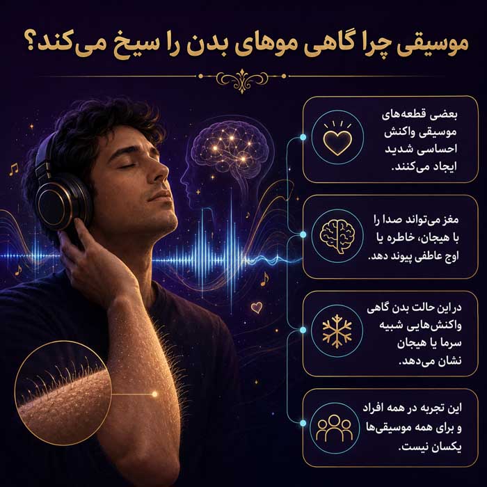 چرا موهای بدن سیخ میشوند؟؛ علت علمی Goosebumps؛ نقش سرما، ترس و سیستم عصبی سمپاتیک موسیقی چرا گاهی موهای بدن را سیخ میکند؟