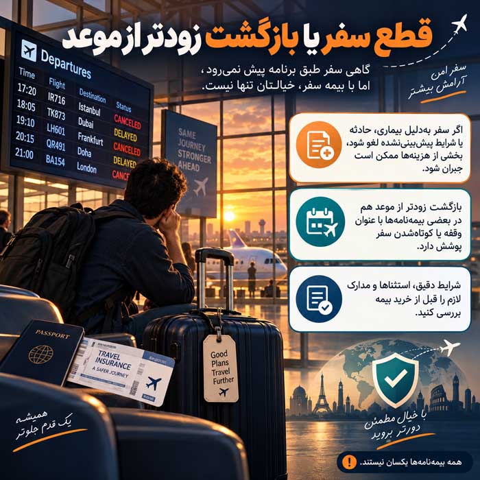 بیمه مسافرتی چیست؟؛ پوششها و استثناهای بیمهنامه؛ نکات مهم برای دریافت خسارت قطع سفر یا بازگشت زودتر از موعد
