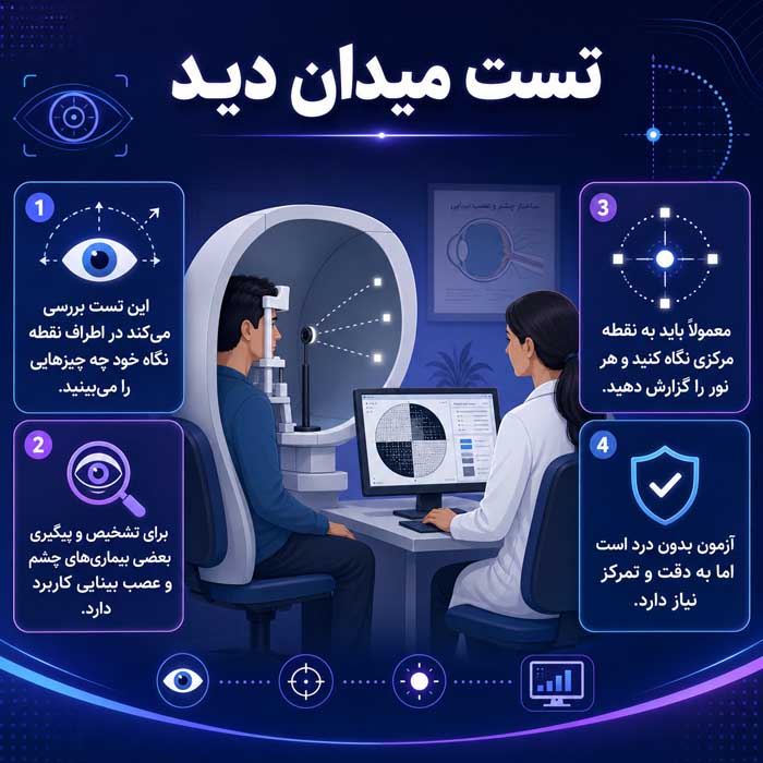 بینایی سنجی چگونه انجام می شود؟؛ سنجش دید و تعیین نمره چشم؛ آشنایی با تستهای رایج تست میدان دید