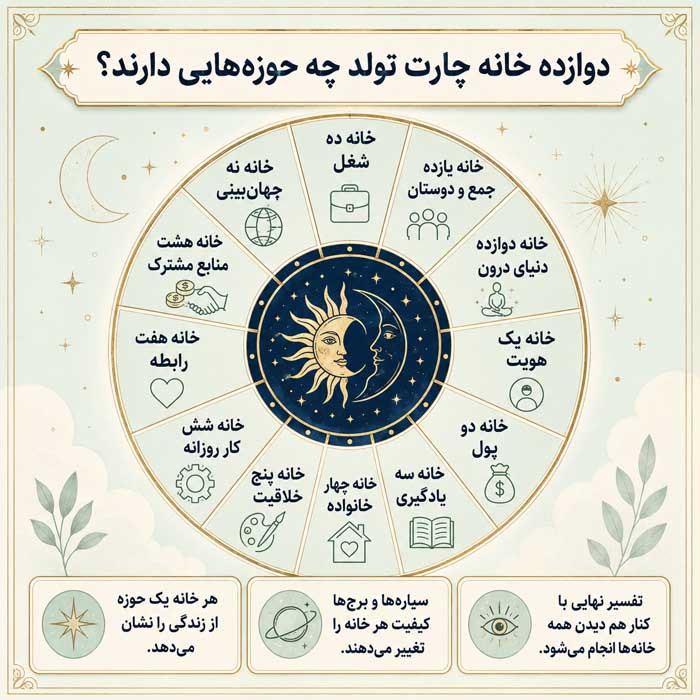 چارت تولد چیست؟؛ آموزش Birth Chart در طالعبینی؛ معنی سیارات، برجها، خانهها و جنبهها دوازده خانه چارت تولد چه حوزههایی دارند؟