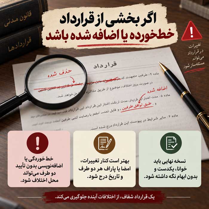 قرارداد دستی اعتبار دارد؟؛ شرایط اعتبار سند عادی؛ نکات مهم امضا و تنظیم قرارداد اگر بخشی از قرارداد خطخورده یا اضافه شده باشد