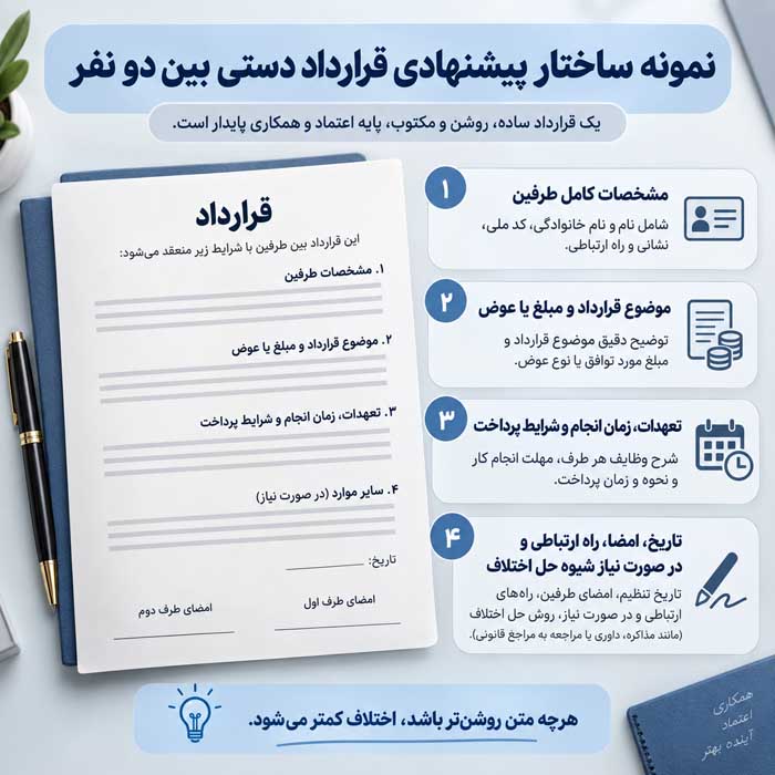 قرارداد دستی اعتبار دارد؟؛ شرایط اعتبار سند عادی؛ نکات مهم امضا و تنظیم قرارداد نمونه ساختار پیشنهادی قرارداد دستی بین دو نفر