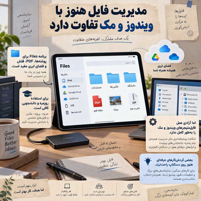 مزایا و معایب آیپد؛ کاربرد برای مطالعه، طراحی و کار؛ چه زمانی ارزش خرید دارد؟ عیب پنجم؛ مدیریت فایل هنوز با ویندوز و مک تفاوت دارد
