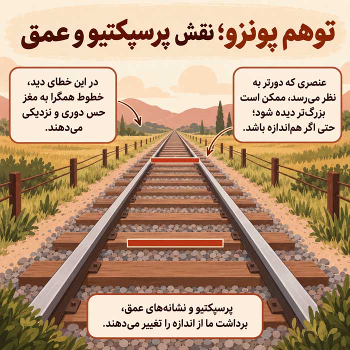 خطای دید چیست و چرا اتفاق میافتد؟؛ مغز چگونه تصویر را تفسیر میکند؟؛ انواع توهمهای بصری رایج توهم پونزو؛ نقش پرسپکتیو و عمق
