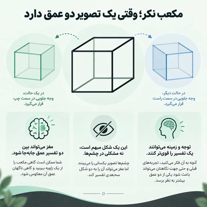خطای دید چیست و چرا اتفاق میافتد؟؛ مغز چگونه تصویر را تفسیر میکند؟؛ انواع توهمهای بصری رایج مکعب نکر؛ وقتی یک تصویر دو عمق دارد