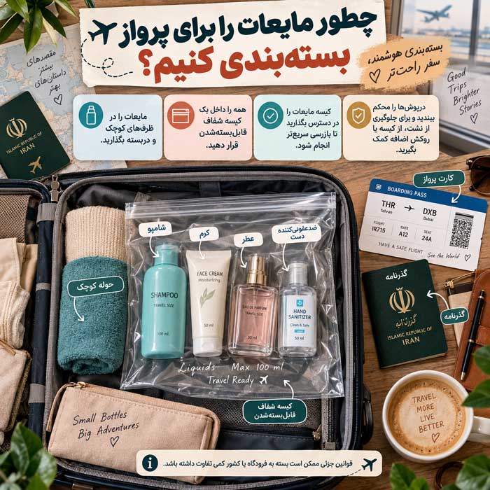 مایعات داخل کابین هواپیما؛ محدودیت ۱۰۰ میلیلیتر و بار دستی؛ استثناهای دارو، غذای کودک و Duty Free چطور مایعات را برای پرواز بستهبندی کنیم؟