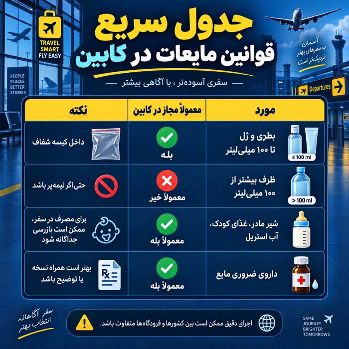 مایعات داخل کابین هواپیما؛ محدودیت ۱۰۰ میلیلیتر و بار دستی؛ استثناهای دارو، غذای کودک و Duty Free جدول سریع قوانین مایعات در کابین