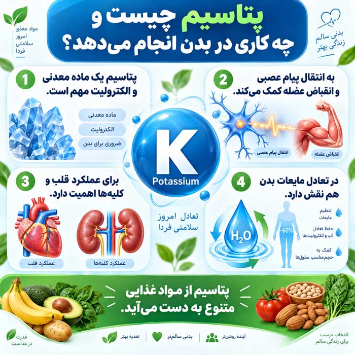 چه غذاهایی پتاسیم زیادی دارند؟؛ بهترین منابع غذایی؛ مقدار پتاسیم در هر وعده پتاسیم چیست و چه کاری در بدن انجام میدهد؟